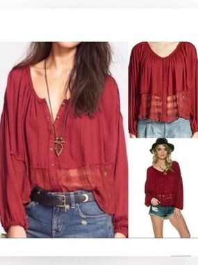 Free People Gauze Rainy Day Swing Blouse Oversized Burgundy Lace at Hem  Size XS
